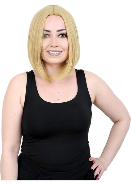 Kahkülsüz Düz Kısa Fiber Sentetik Peruk / Sarı