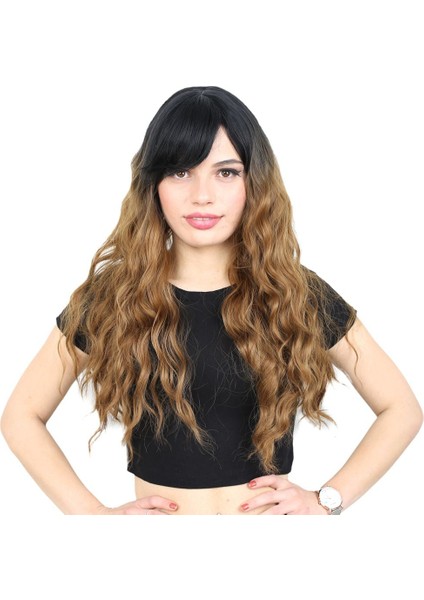 Perçemli Uzun Su Dalgası Fiber Sentetik Peruk Siyah Karamel Ombreli