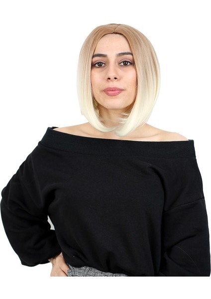 Kahkülsüz Düz Kısa Fiber Sentetik Peruk Balköpüğü Platin Ombreli