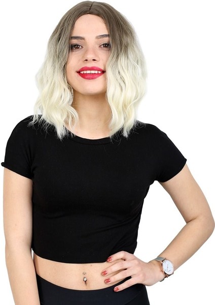 Fiber Sentetik Kısa Dalgalı Perçemsiz Peruk Küllü Açık Kahve Platin Ombreli