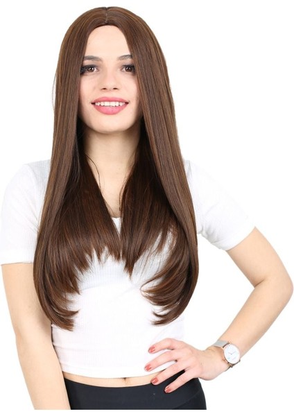 Fiber Sentetik Uzun Düz Peruk Kahve Karamel