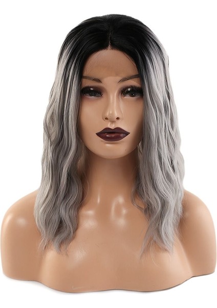 Fiber Sentetik Dalgalı Kısa Tül Peruk Siyah Gri Ombreli