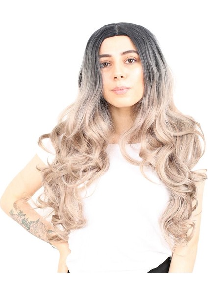 Yoğun Dalgalı Fiber Sentetik Uzun Perçemsiz Peruk Siyah Küllü Bebek Sarı Ombreli