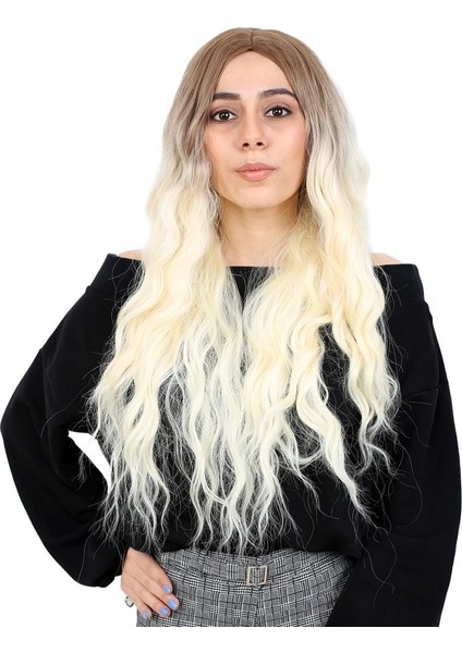 Fiber Sentetik Uzun Su Dalgası Peruk Kumral Platin Ombreli