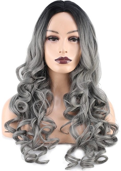 Dalgalı Perçemsiz Uzun Fiber Sentetik Peruk Siyah Gri Ombreli