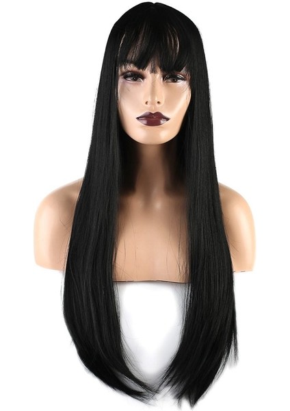 Düz Perçemli Uzun Fiber Sentetik Peruk - Siyah