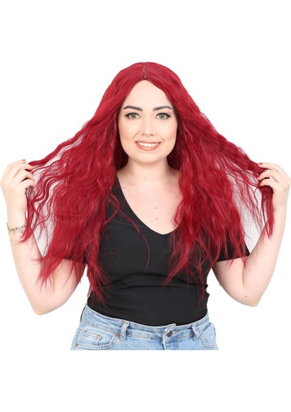 Kabarık Dalgalı Uzun Fiber Sentetik Peruk - Kızıl