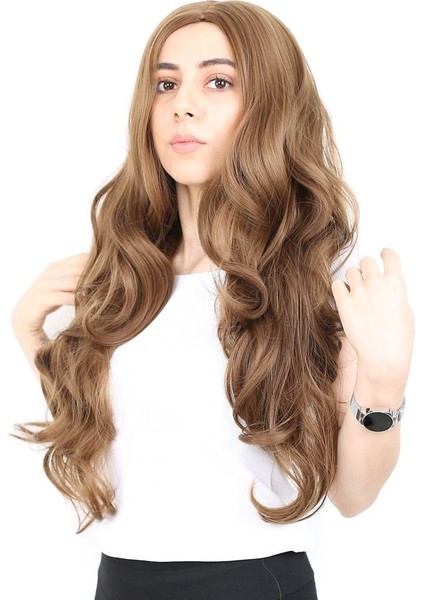 Yoğun Dalgalı Fiber Sentetik Uzun Perçemsiz Peruk / Kumral