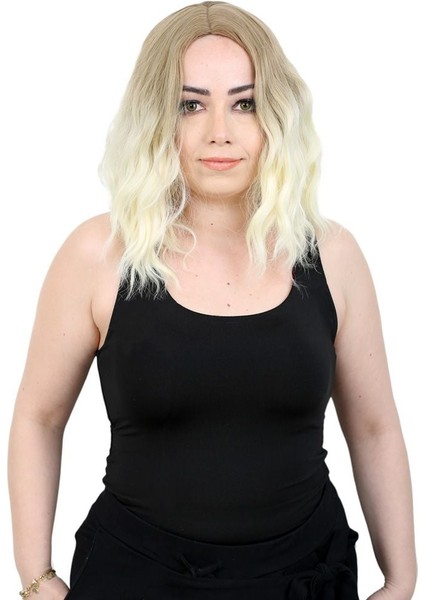 Fiber Sentetik Kısa Dalgalı Perçemsiz Peruk Küllü Balköpüğü Platin Ombreli