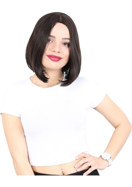 Fiber Sentetik Peruk Perçemsiz Kısa Düz Kahverengi