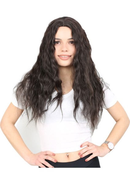 Kabarık Dalgalı Uzun Fiber Sentetik Peruk Kahverengi