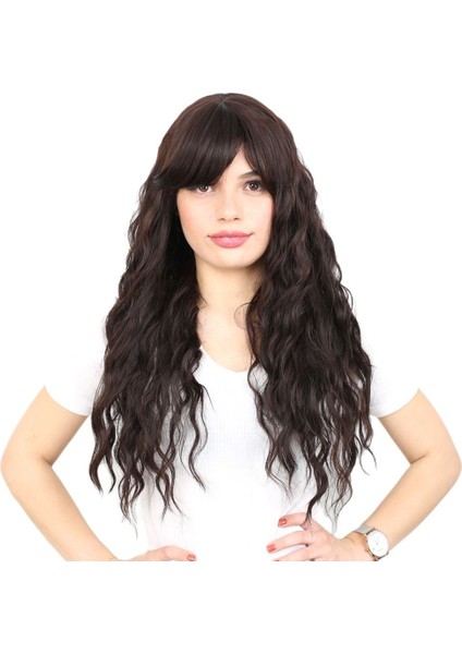 Perçemli Uzun Su Dalgası Fiber Sentetik Peruk Koyu Kahve