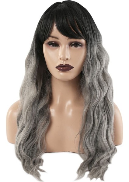 Perçemli Uzun Su Dalgası Fiber Sentetik Peruk Siyah Gri Ombreli