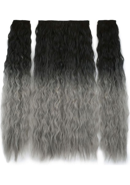 Fiber Sentetik Kabarık Dalgalı Yarım Ay + 2 Yan Çıt Çıt Siyah Gri Ombreli