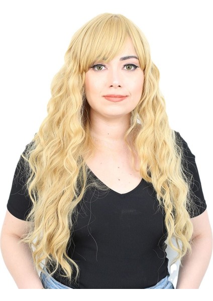 Perçemli Uzun Su Dalgası Fiber Sentetik Peruk / Sarı