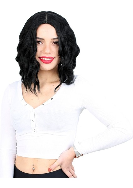 Fiber Sentetik Kısa Dalgalı Perçemsiz Peruk - Siyah