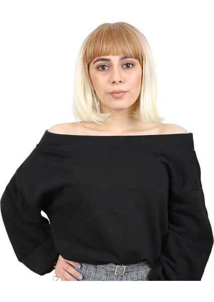 Kısa Küt Perçemli Fiber Sentetik Peruk Balköpüğü Platin Ombreli