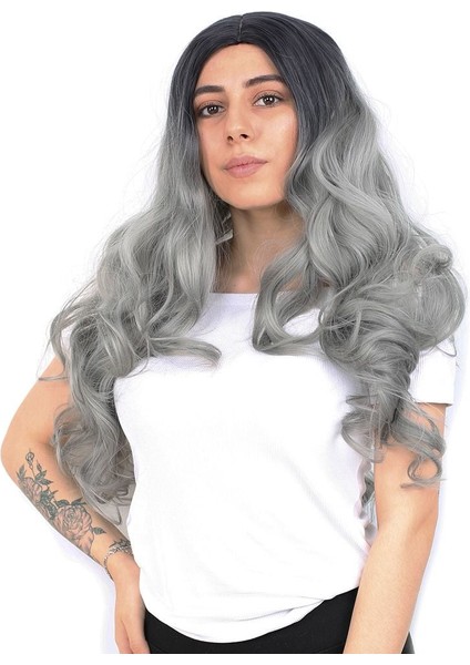 Yoğun Dalgalı Fiber Sentetik Uzun Perçemsiz Peruk Siyah Gri Ombreli