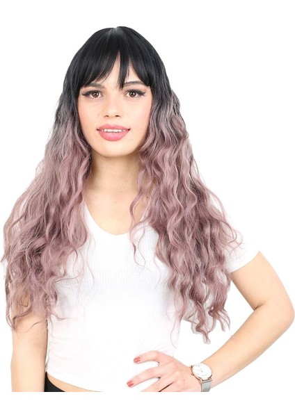 Perçemli Uzun Su Dalgası Fiber Sentetik Peruk Siyah Gül Kurusu Ombreli