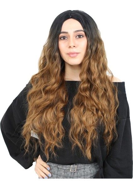 Fiber Sentetik Uzun Su Dalgası Peruk Siyah Karamel Ombreli