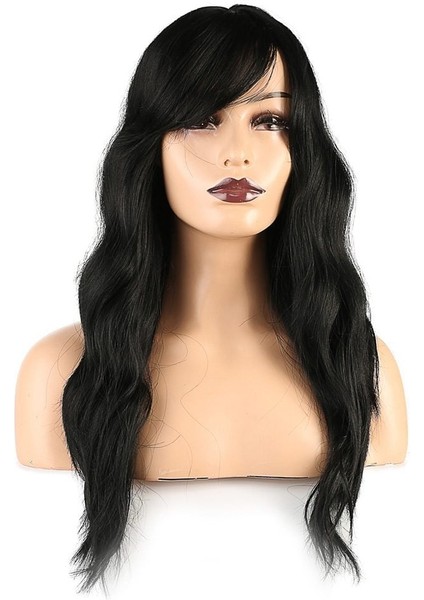 Dalgalı Perçemli Fiber Sentetik Orta Boy Peruk - Siyah