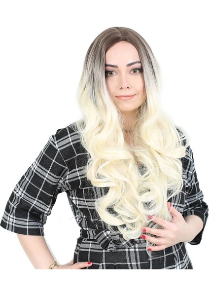 Yoğun Dalgalı Fiber Sentetik Uzun Perçemsiz Peruk Küllü Açık Kahve Platin Ombreli