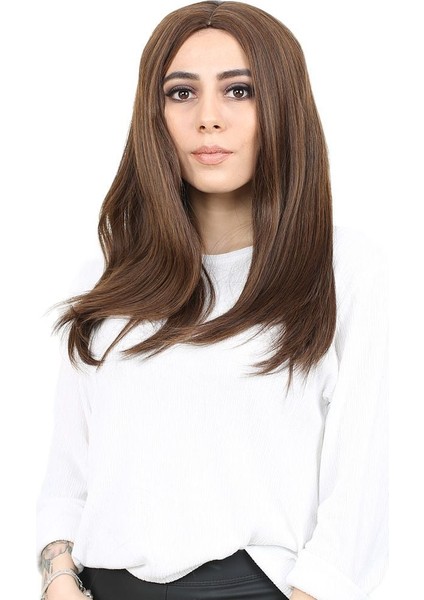 Kahkülsüz Fiber Sentetik Orta Boy Düz Peruk Kahve Karamel