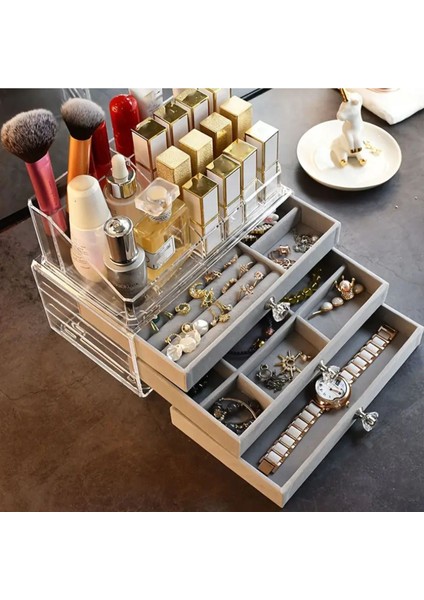 Şık 3 Çekmeceli Gri Takı Kutusu, Organizer ve Mücevher Saklama Alanı