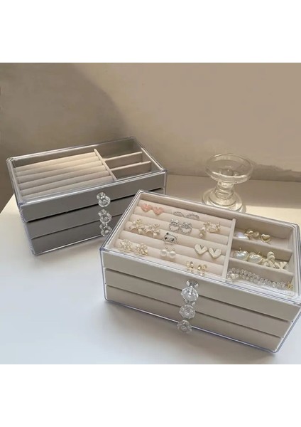 Şık 3 Çekmeceli Gri Takı Kutusu, Organizer ve Mücevher Saklama Alanı