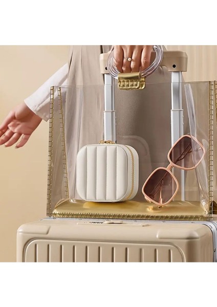 Ekru Mini Lüx Aynalı Seyahat Takı Kutusu, Şık ve Kullanışlı Saklama Çözümü