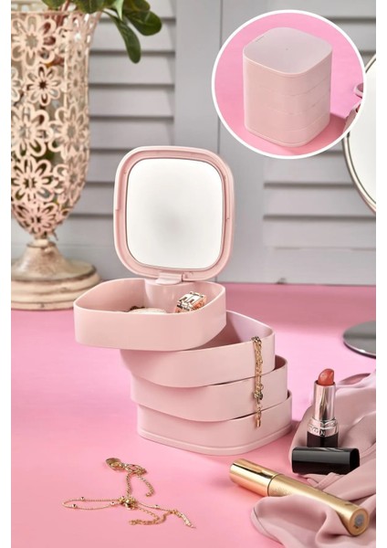 Aynalı 4 Katlı Takı ve Makyaj Organizeri, 360 Dönen, Pembe, Şık ve Pratik Düzenleyici