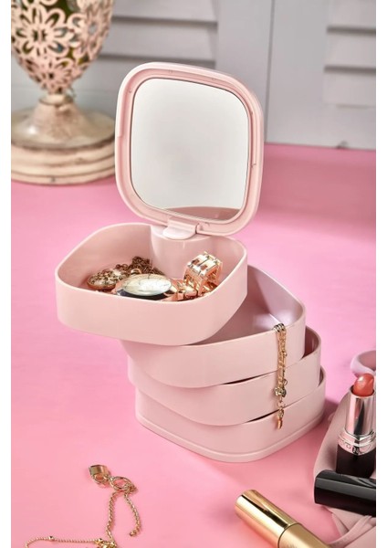 Aynalı 4 Katlı Takı ve Makyaj Organizeri, 360 Dönen, Pembe, Şık ve Pratik Düzenleyici modelleri