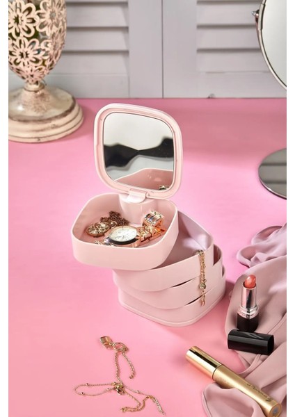 Aynalı 4 Katlı Takı ve Makyaj Organizeri, 360 Dönen, Pembe, Şık ve Pratik Düzenleyici fırsatları