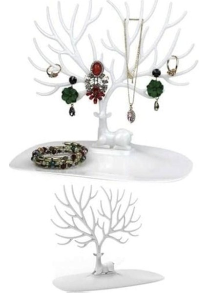 Beyaz Geyik Plastik Takı Teşhir Standı, Kolye ve Küpe Rafı, 25X15X22CM