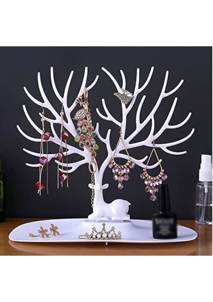 Beyaz Geyik Plastik Takı Teşhir Standı, Kolye ve Küpe Rafı, 25X15X22CM modelleri