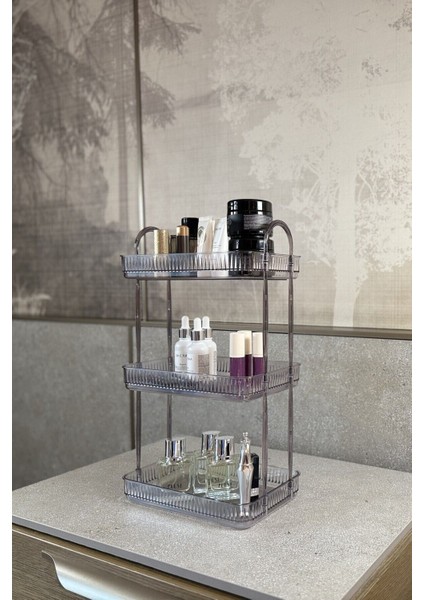 3 Katlı Gri Makyaj ve Kozmetik Düzenleyici Banyo Rafı, Şık ve Pratik Organizer modelleri