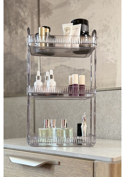 3 Katlı Gri Makyaj ve Kozmetik Düzenleyici Banyo Rafı, Şık ve Pratik Organizer