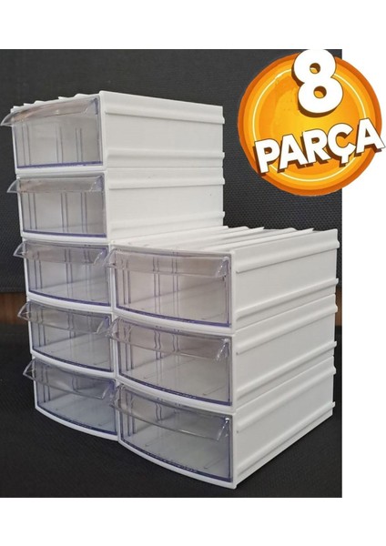 Beyaz 8 Bölmeli Çekmeceli Takı ve Makyaj Düzenleyici Kutusu