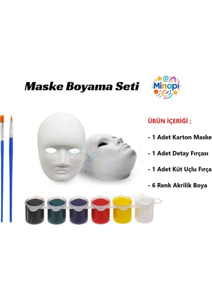 1 Adet Karton Maske , 6 Renk Akrilik Boya , Resim Fırçası , Resim Paleti , Lastikli Misina