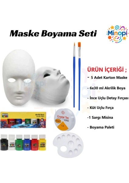 5 Adet Karton Maske , 6 Renk Akrilik Boya , Resim Fırçası , Resim Paleti , Lastikli Misina