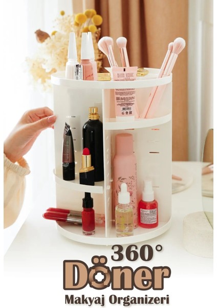 360 Derece Dönebilen Şeffaf ve Turkuaz Makyaj Organizeri