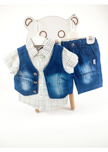 Kareli Gömlek, Kot Yelek,kot Şort 3'lü Erkek Çocuk Takım