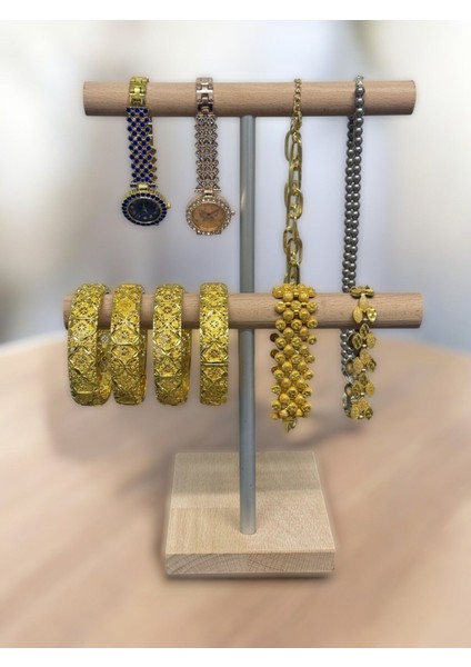 Kahverengi 2'li Takı ve Saat Düzenleyici, Ahşap Mücevher Standı, Bileklik Askısı