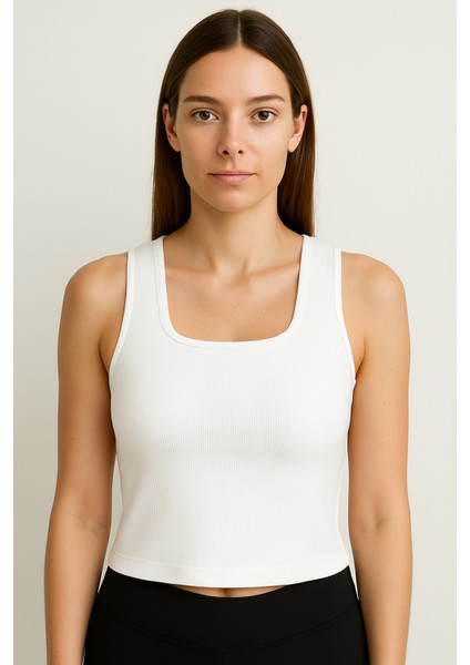 Clemantıs Kadın Kaşkorse Kumaş Askılı Kare Yaka Crop Bluz Düz Renk