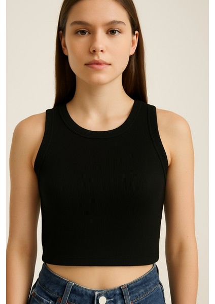 Clemantıs Kadın Kaşkorse Kumaş Askılı Crop Bluz Düz Renk