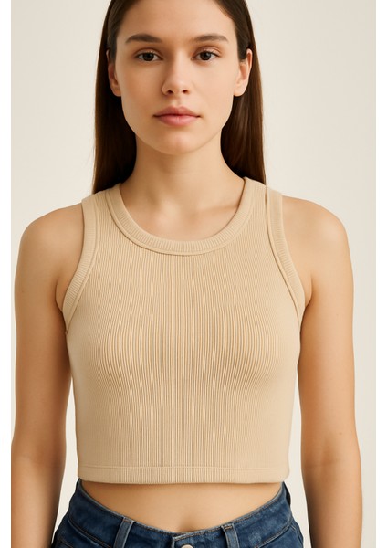 Clemantıs Kadın Kaşkorse Kumaş Askılı Crop Bluz Düz Renk