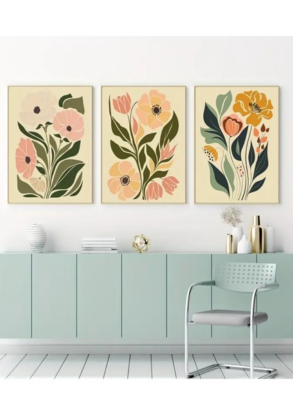 Doğal Ahşap Çerçeveli Uv Baskı 3lü Çiçek Desenli Duvar Tablosu Modern & Şık Duvar Dekoru