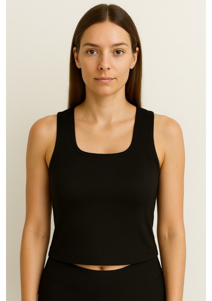 Clemantıs Kadın Kaşkorse Kumaş Askılı Kare Yaka Crop Bluz Düz Renk