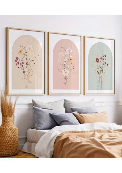 3’lü Çiçek Desenli Doğal Ahşap Çerçeveli Tablo Seti – Uv Baskı, Modern Duvar Dekoru