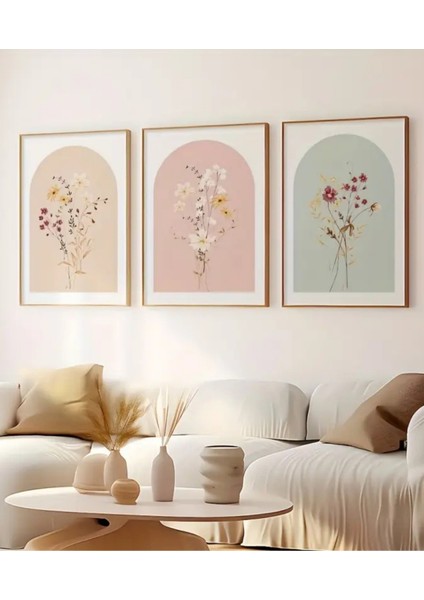 3’lü Çiçek Desenli Doğal Ahşap Çerçeveli Tablo Seti – Uv Baskı, Modern Duvar Dekoru fiyatları